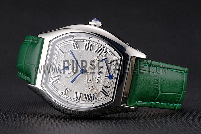 Cartier Tortue Perpetual Calendar White Dial Stainless Steel Case Green Leather Strap