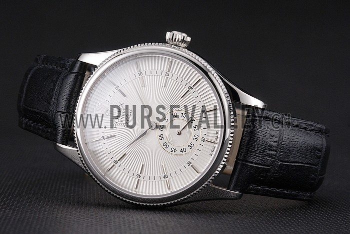 Swiss Rolex Cellini White Dial Stainless Steel Case Black Leather Strap