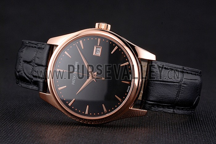 Swiss Patek Philippe Calatrava Black Dial Rose Gold Case Black Leather Strap