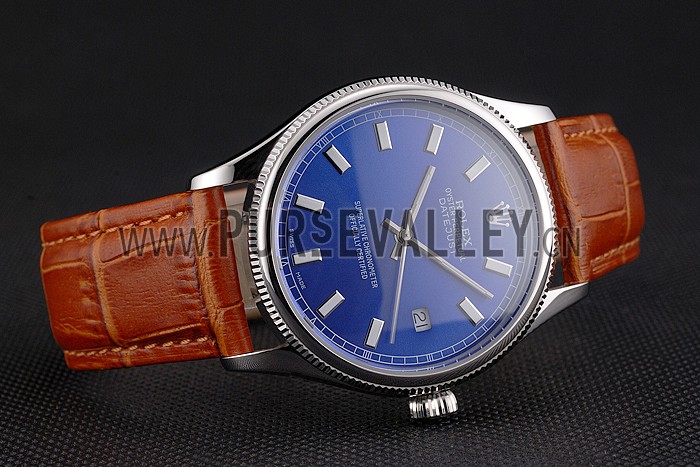 Swiss Rolex Datejust Blue Dial Stainless Steel Case Light Brown Leather Strap
