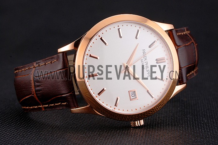 Swiss Patek Philippe Calatrava White Dial Rose Gold Case Brown Leather Strap