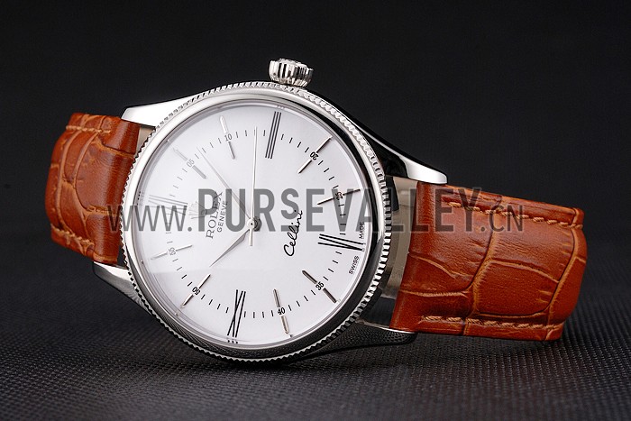 Swiss Rolex Cellini White Dial Roman Numerals Stainless Steel Case Light Brown Leather Strap