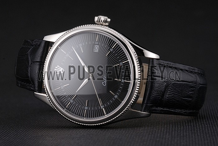 Swiss Rolex Cellini Date Black Dial Stainless Steel Case Black Leather Strap