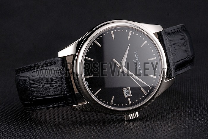 Swiss Patek Philippe Calatrava Black Dial Stainless Steel Case Black Leather Strap