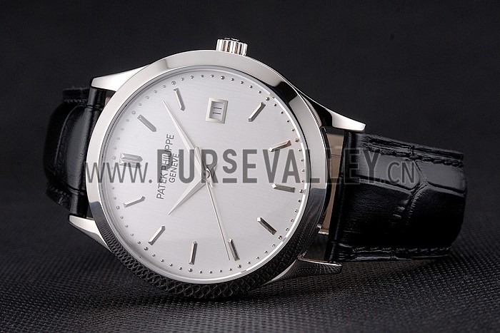 Swiss Patek Philippe Calatrava Silver Dial Stainless Steel Case Black Leather Strap