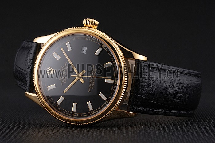 Swiss Rolex Datejust Black Dial Gold Case Black Leather Strap
