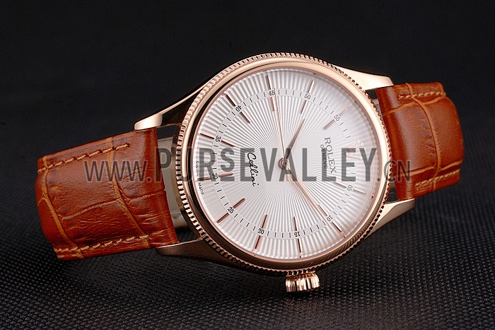 Swiss Rolex Cellini White Dial Rose Gold Case Brown Leather Strap
