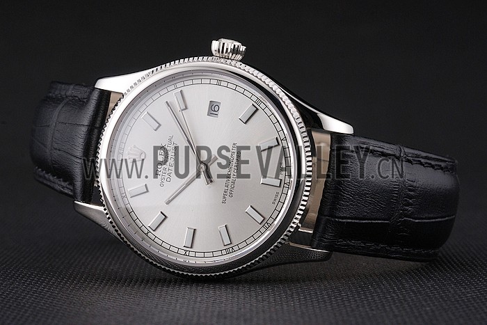 Swiss Rolex Datejust White Dial Stainless Steel Case Black Leather Strap