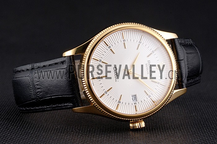 Swiss Rolex Cellini Date White Dial Gold Case Black Leather Strap