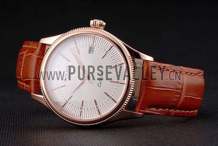 Swiss Rolex Cellini Date White Dial Rose Gold Case Brown Leather Strap