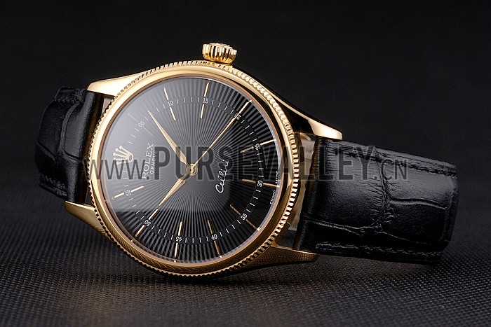 Swiss Rolex Cellini Black Dial Gold Markings Gold Case Black Leather Strap