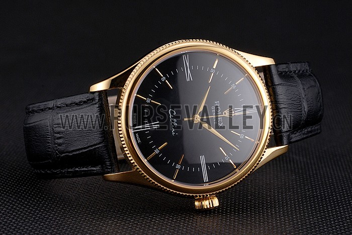 Swiss Rolex Cellini Black Dial Roman Numerals Gold Case Black Leather Strap