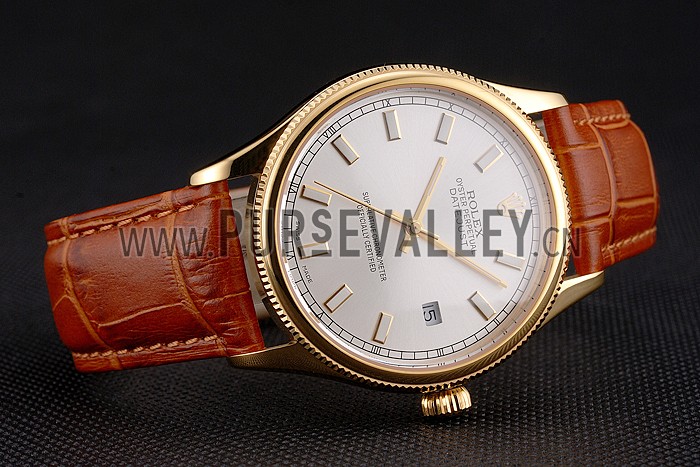 Swiss Rolex Datejust White Dial Gold Case Light Brown Leather Strap