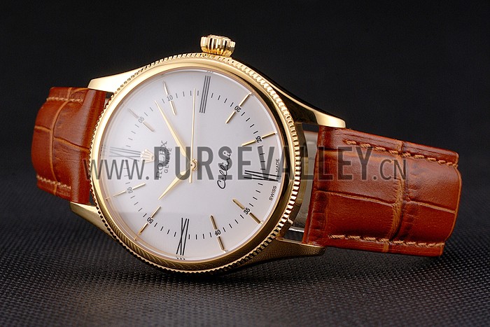 Swiss Rolex Cellini White Dial Roman Numerals Gold Case Light Brown Leather Strap