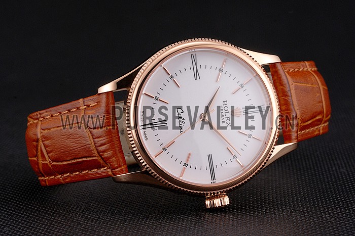 Swiss Rolex Cellini White Dial Roman Numerals Rose Gold Case Light Brown Leather Strap