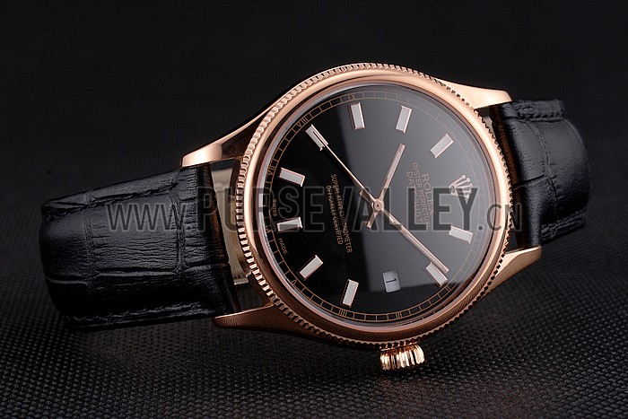 Swiss Rolex Datejust Black Dial Rose Gold Case Black Leather Strap