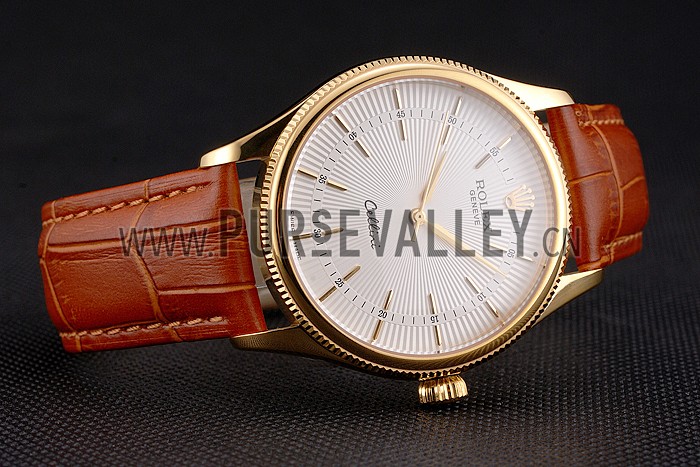 Swiss Rolex Cellini White Guilloche Dial Gold Case Light Brown Leather Strap