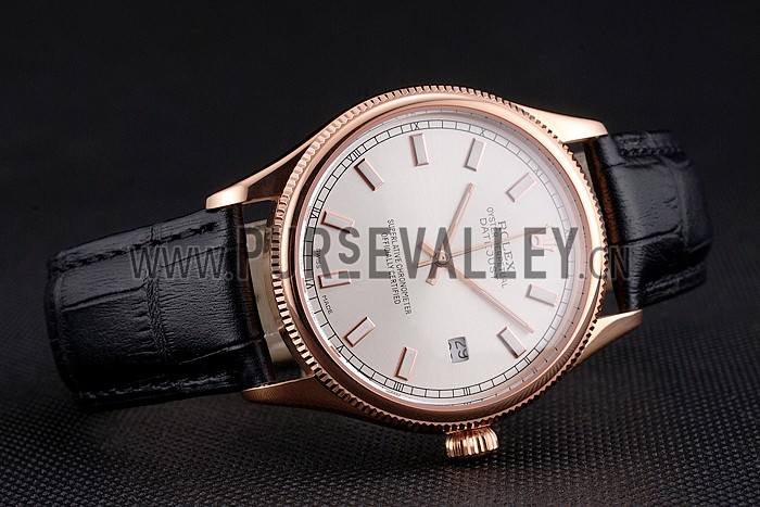 Swiss Rolex Datejust White Dial Rose Gold Case Black Leather Strap