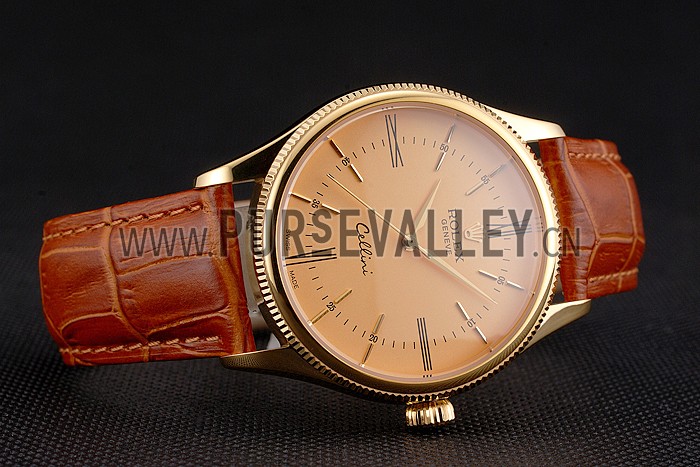 Swiss Rolex Cellini Gold Dial Roman Numerals Gold Case Light Brown Leather Strap