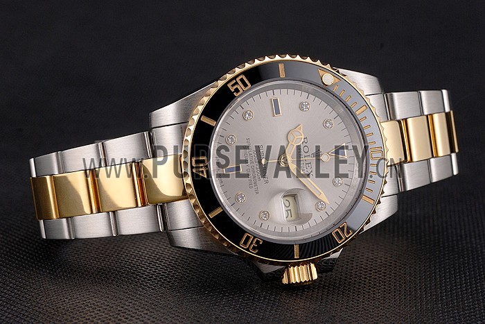Swiss Rolex Submariner Silver Dial Diamond Markings Black Bezel Two Tone Steel Gold Bracelet