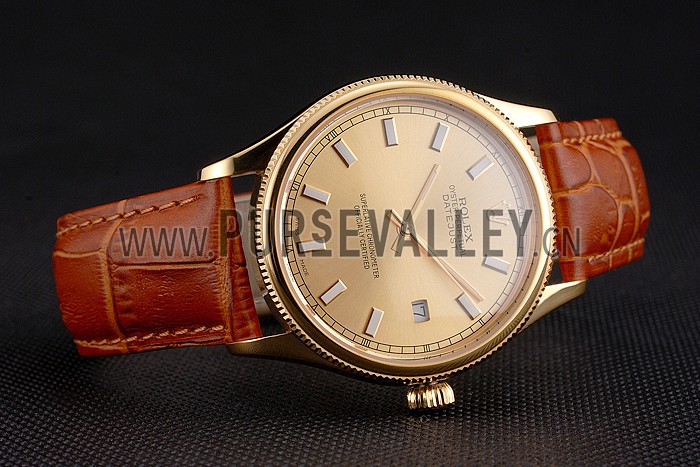 Swiss Rolex Datejust Gold Dial Gold Case Light Brown Leather Strap