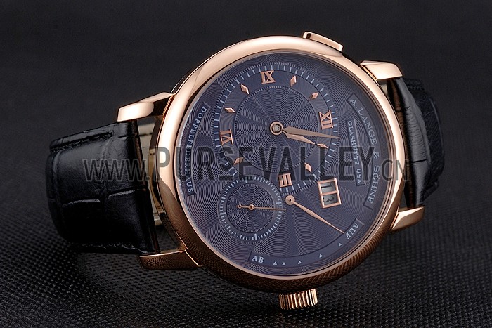 A. Lange & Sohne Lange 1 Blue Dial Rose Gold Case Black Leather Strap