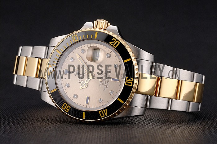 Swiss Rolex Submariner Gold Dial Diamond Markings Black Bezel Two Tone Steel Gold Bracelet