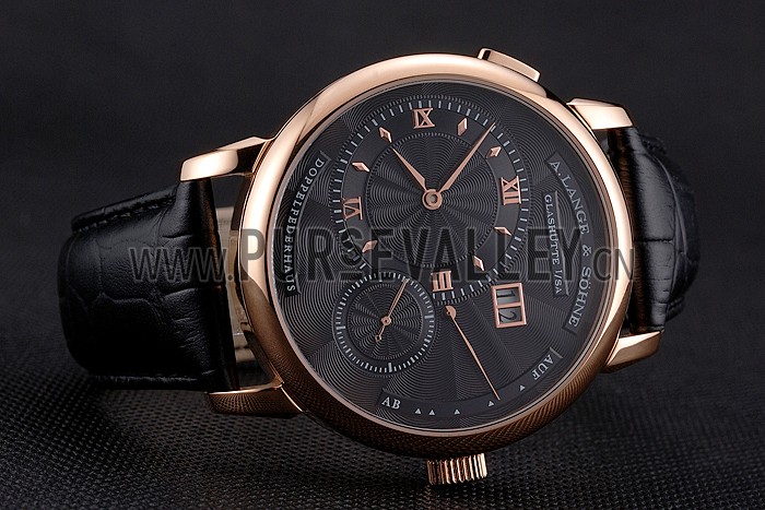 A. Lange & Sohne Lange 1 Black Dial Rose Gold Case Black Leather Strap