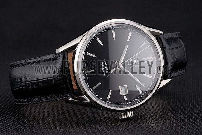 Swiss Tag Heuer Carrera Calibre 5 Black Dial Stainless Steel Case Black Leather Strap
