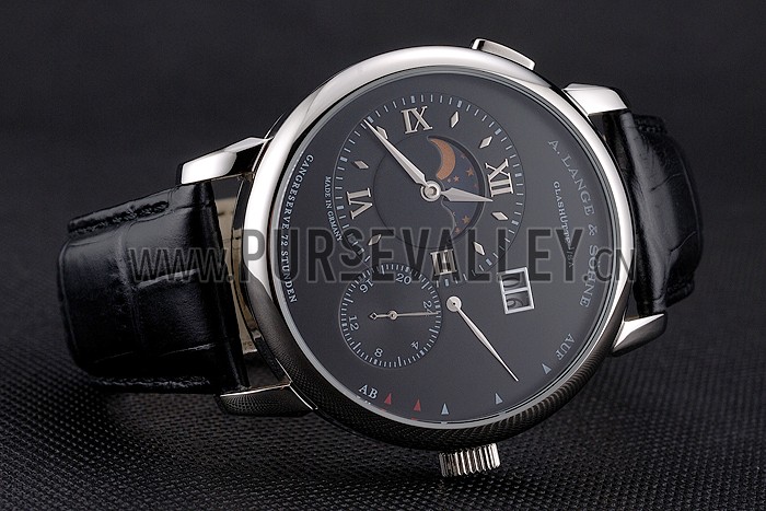 A. Lange & Sohne Grand Lange 1 Moon Phase Black Dial Stainless Steel Case Black Leather Strap
