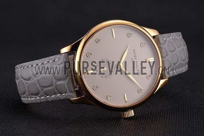 Patek Philippe Calatrava Gray Dial Diamond Markings Gold Case Gray Leather Strap