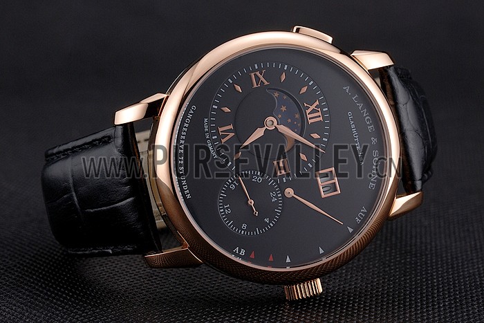 A. Lange & Sohne Grand Lange 1 Moon Phase Black Dial Rose Gold Case Black Leather Strap