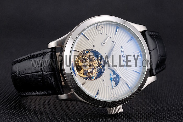 Jaeger LeCoultre Master Moonphase Tourbillon White Dial Stainless Steel Case Black Leather Strap