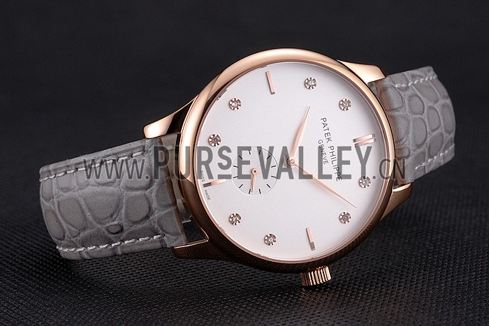 Patek Philippe Calatrava White Dial Diamond Markings Rose Gold Case Gray Leather Strap