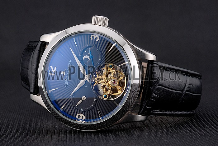 Jaeger LeCoultre Master Moonphase Tourbillon Black Dial Stainless Steel Case Black Leather Strap