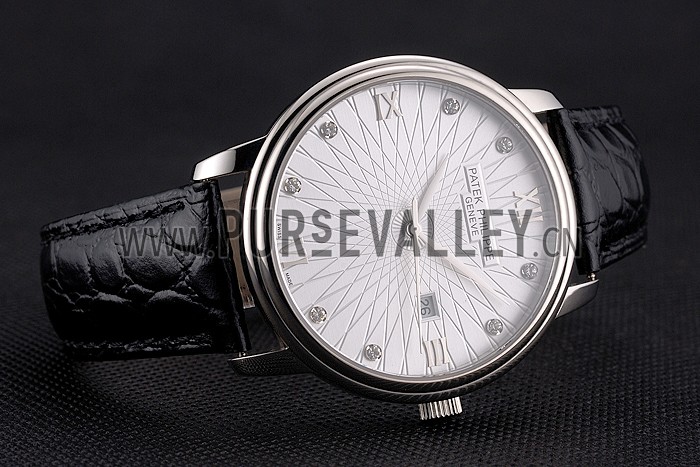 Patek Philippe Calatrava Date White Embossed Dial Stainless Steel Case Black Leather Strap