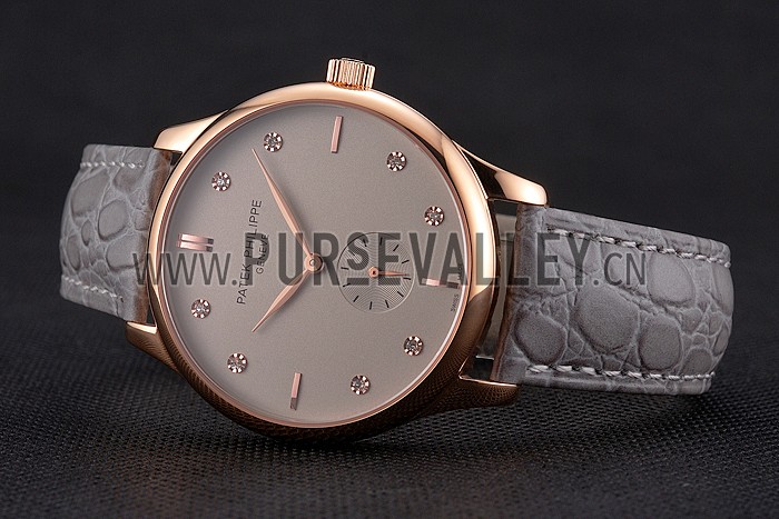 Patek Philippe Calatrava Gray Dial Diamond Markings Rose Gold Case Gray Leather Strap