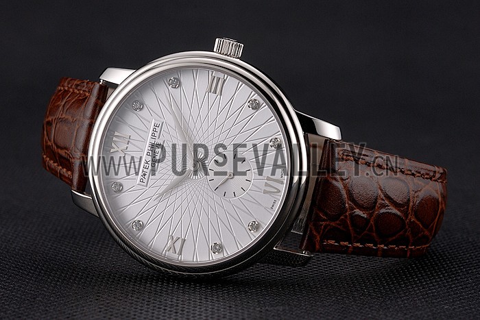 Patek Philippe Calatrava Date White Embossed Dial Stainless Steel Case Brown Leather Strap