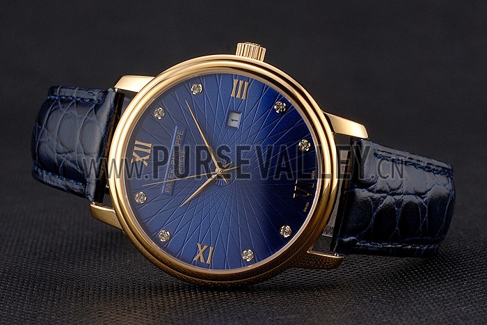 Patek Philippe Calatrava Date Blue Embossed Dial Gold Case Blue Leather Strap
