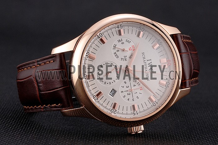 Swiss IWC Portugieser Perpetual Calendar White Dial Rose Gold Case Brown Leather Strap