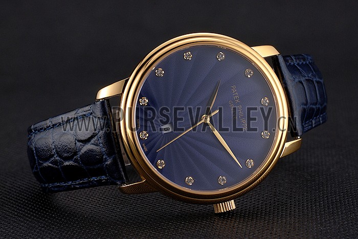 Patek Philippe Calatrava Date Blue Guilloche Dial Gold Case Blue Leather Strap