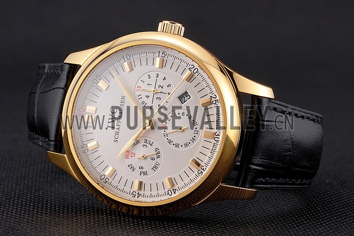 Swiss IWC Portugieser Perpetual Calendar White Dial Gold Case Black Leather Strap