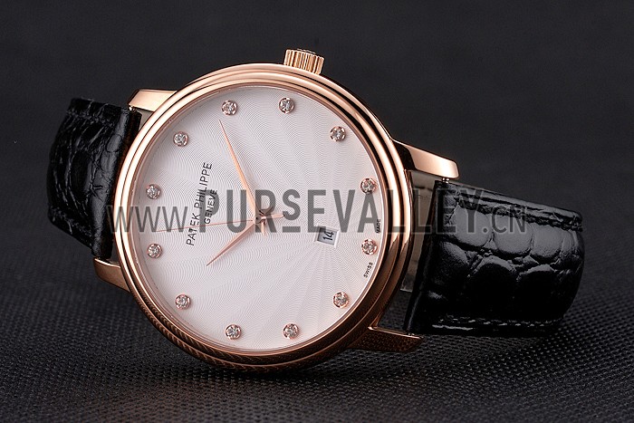 Patek Philippe Calatrava Date White Dial Rose Gold Case Black Leather Strap