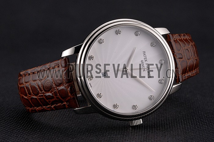 Patek Philippe Calatrava Date White Dial Stainless Steel Case Brown Leather Strap
