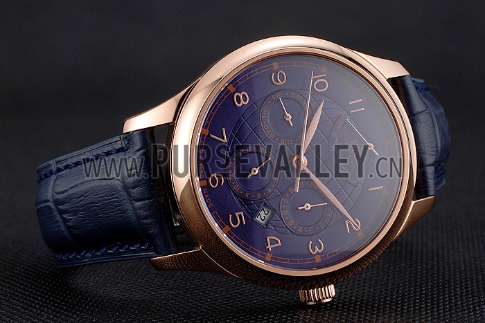 Swiss IWC Portugieser Power Reserve Blue Dial Rose Gold Case Blue Leather Strap