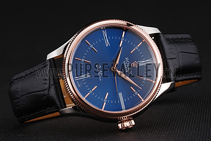 Rolex Cellini Blue Dial Gold Bezel Stainless Steel Case Black Leather Strap 622841