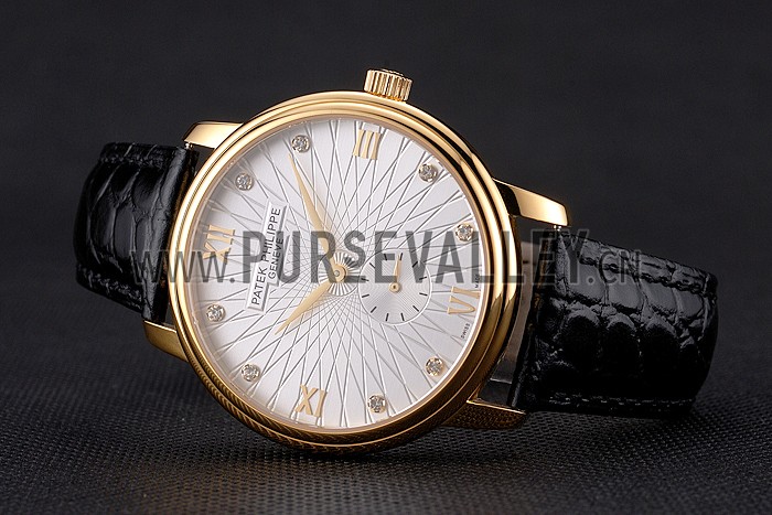 Patek Philippe Calatrava White Embossed Dial Gold Case Black Leather Strap