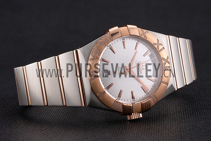 Swiss Omega Constellation White Dial Stainless Steel Case Rose Gold Bezel Two Tone Bracelet