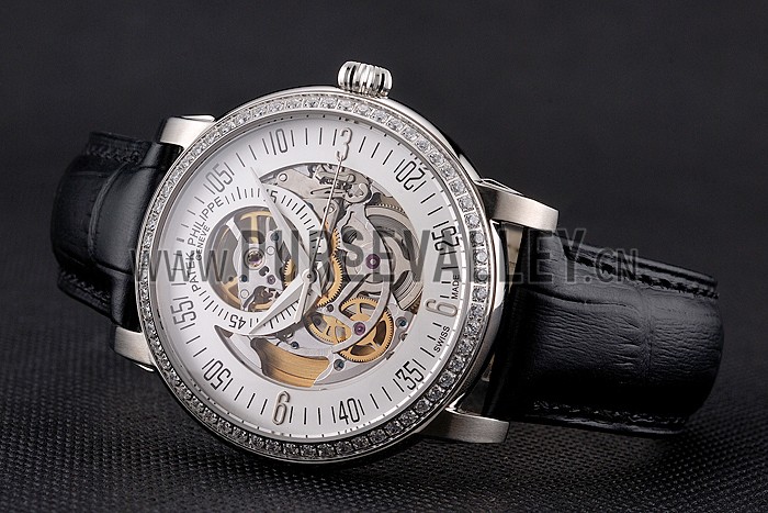 Swiss Patek Philippe Complications Openworked Dial Diamond Bezel Stainless Steel Case Black Leather Strap