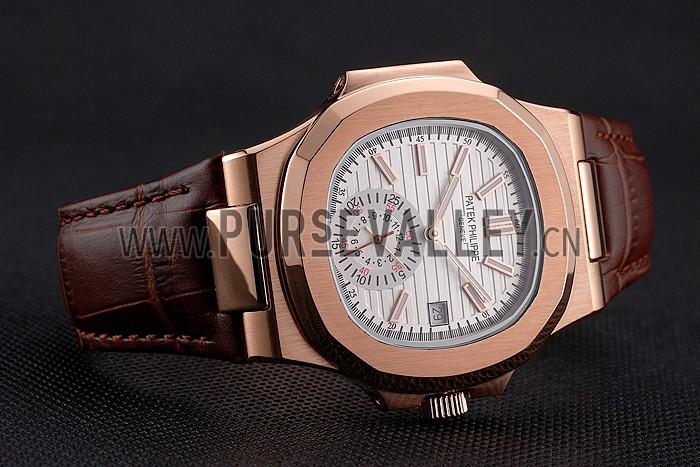 Patek Philippe Nautilus White Dial Rose Gold Case Brown Leather Strap